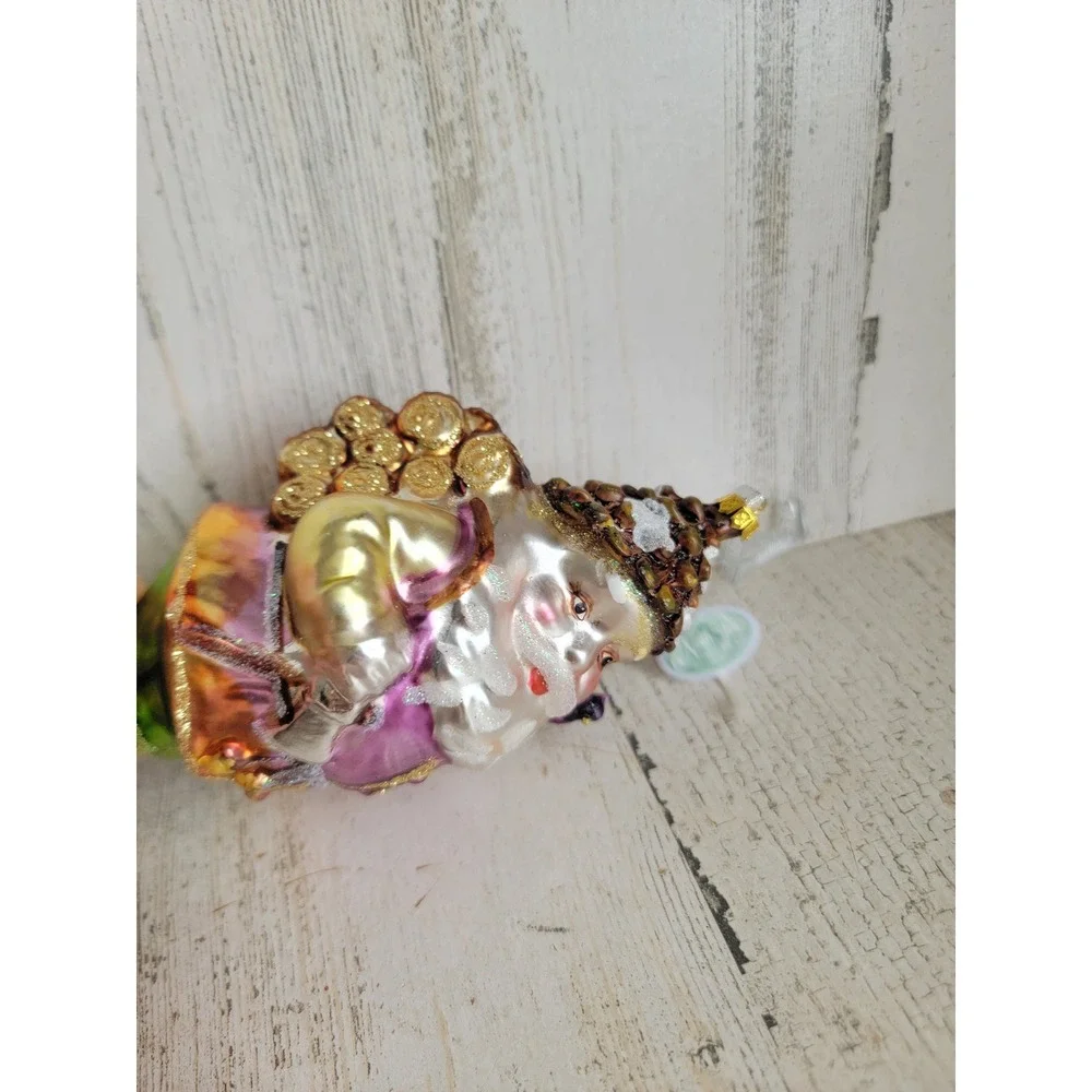 Vintage woodland Santa Claus blown glass glitter bird ornament Xmas unique